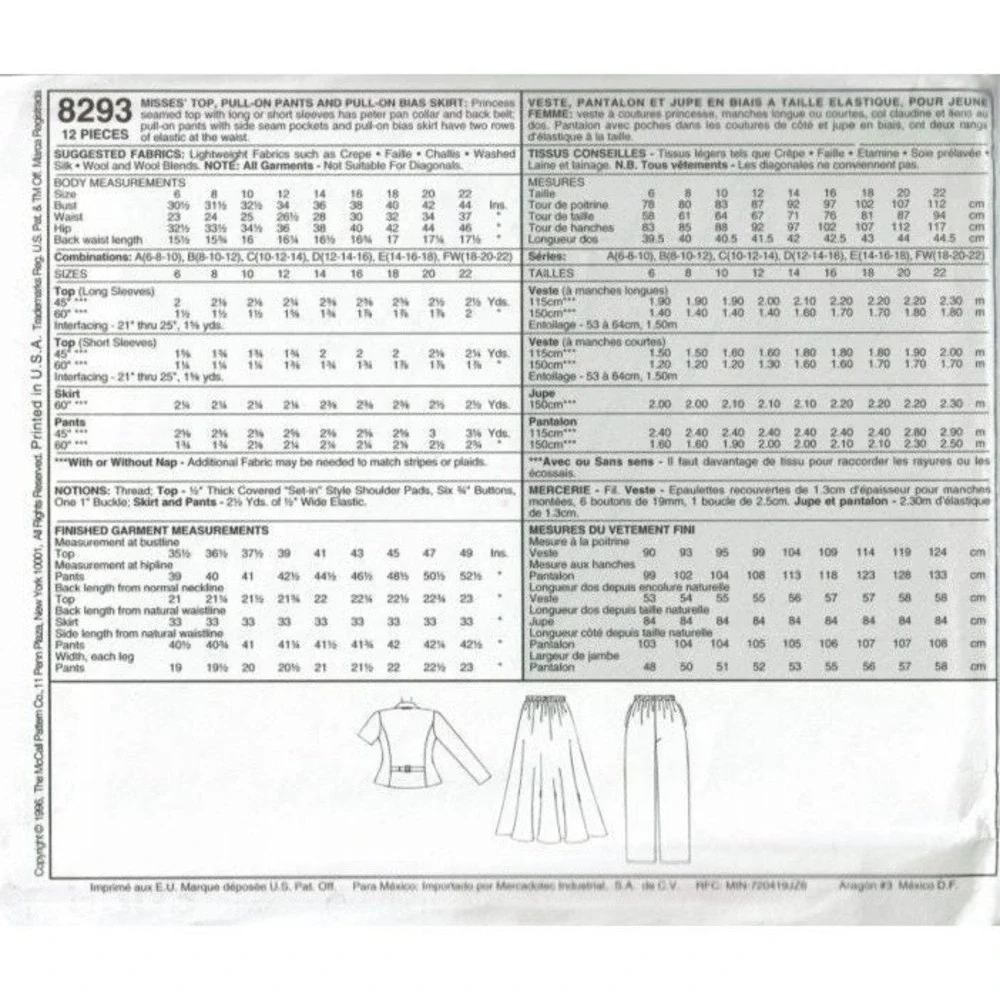 McCalls Sewing Pattern 8293 Pants Skirt‎ Top Misses Size 10-14